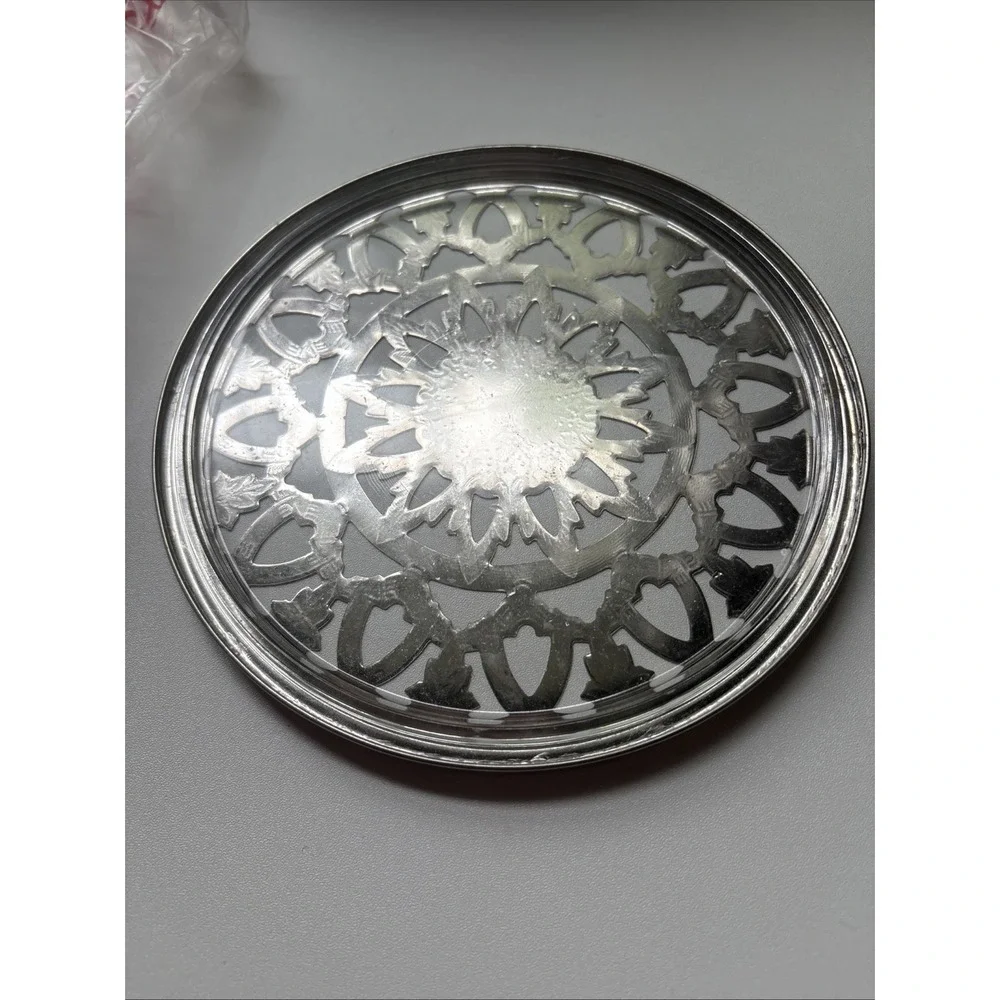 Vintage Leonard Round Reticulated Silver Plate Glass Backed Trivet 6 